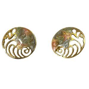 Vintage Gold-tone Enamel Swirl Pattern Post Earrings Round Fancy Gorgeous!